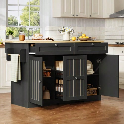 Mobile Kitchen Island With Folding Worktop, Serving Trolley And Storage Cabinet, With 2-Tier Vertical Drawers, 2 Drawer-Sized And Lockable Casters, 120 * 45 (70) * 92 Cm. - Black - View 4
