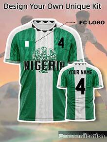 Nigeria Vintage Heimtrikot, Grün und Weiß vertikale Streifen mit "NIGERIA" Muster, personalisierter Name und Nummer, Sommer Herrenbekleidung Sport - Grün - Übersicht 1