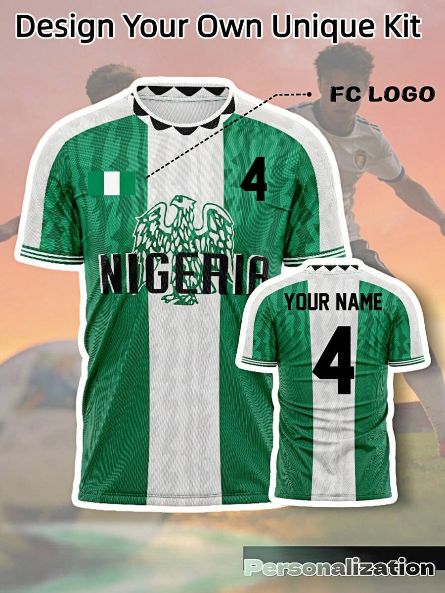 Nigeria Vintage Heimtrikot, Grün und Weiß vertikale Streifen mit "NIGERIA" Muster, personalisierter Name und Nummer, Sommer Herrenbekleidung Sport - Grün - Übersicht 1