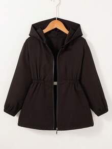 Chaqueta con capucha con cremallera informal para niñas, diseño de cintura, unicolor, primavera/otoño - Negro - Ver 1