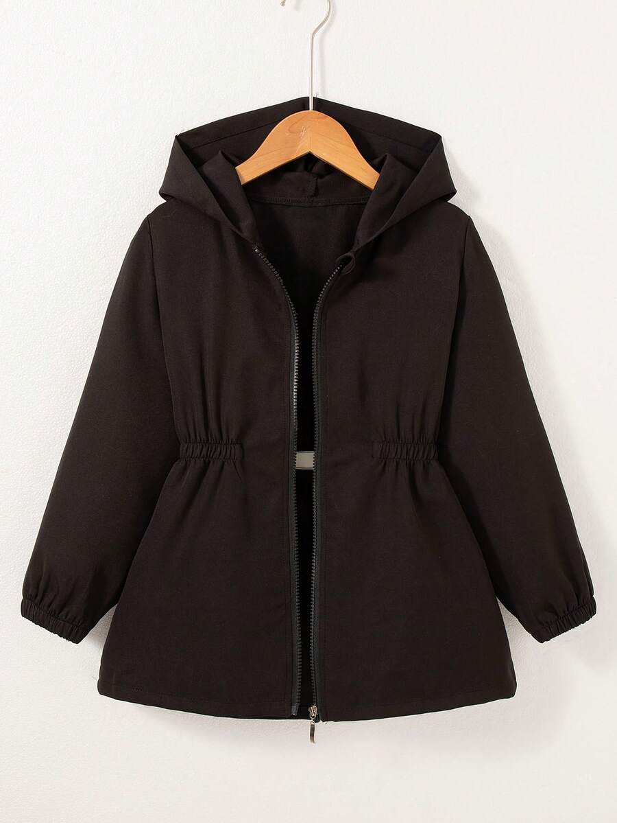 Chaqueta con capucha con cremallera informal para niñas, diseño de cintura, unicolor, primavera/otoño - Negro - Ver 1