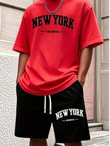 Men'S New York Casual Short Sleeve Black With White Lettering Casual Style| Comfortable Fit, PLUS SIZE  Men's Casual Outfit, Cotton Sportswear Set - 紅色 - 查看 9