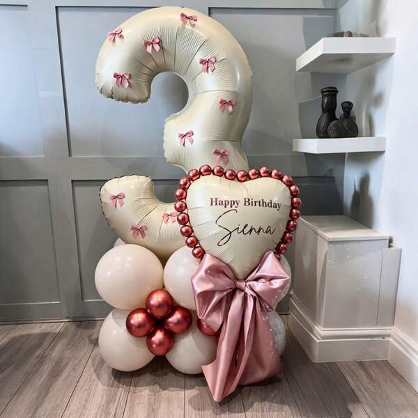 32 Inch Cream White Number Foil Balloon Column, Long Strip Number Balloon, Macaron Pink Metallic Red Metallic Red Long Strip Latex Balloon, Pink Bow Decoration, Suitable For Birthday Party, Shower, Graduation, Wedding, Anniversary, Valentine's Day, Home Decor