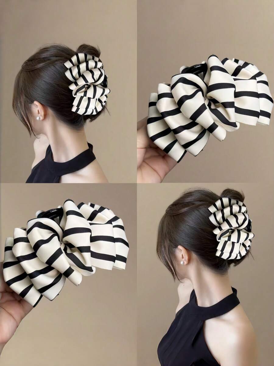 1pc Black White Vertical Stripe Big Bow Hair Claw Clip, Fabric Bow Decor Metal Jaw Clip, Women Half Up Bun Hairstyle Fixing Hair Accessory - Multicolor - View 1
