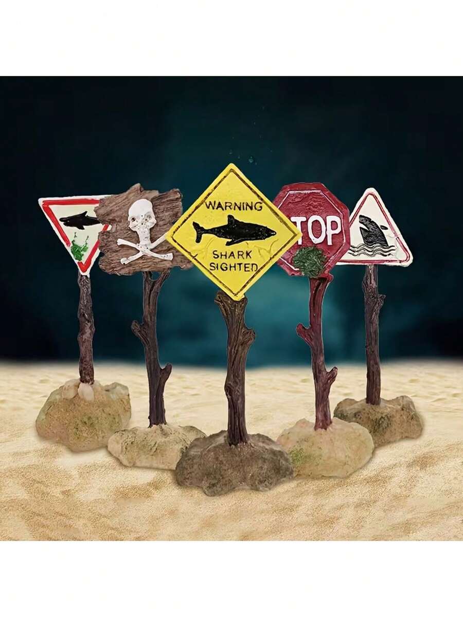 Decoração de Paisagem para Aquário, Mini Ornamento Cartoon, Esconderijo para Peixes e Camarões, Coral Artificial com Placa de Aviso - C - Visão 1