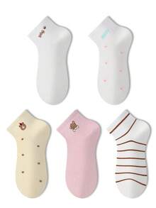 ZUJO 5 Pairs Women's Cute Striped Polka Dot Letter Cartoon Pattern Short Socks, Soft And Breathable, Suitable For All Seasons Daily Wear - Multicolor - View 7