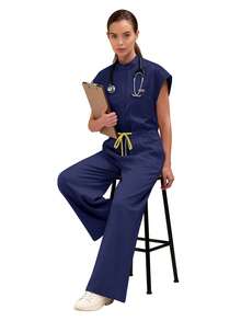 Women's Scrub Top Clinical Workwear Hospital Surgical Scrub Beauty Salon Lab Workwear With Pockets Dental Scrub Nursing One-Piece Scrub New Fall - Navy Blue - View 6
