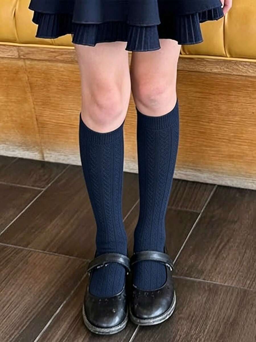 12/6/1雙兒童條紋過膝襪,男孩女孩學生過膝襪,麻花編織羅紋襪口,舒適柔軟日常穿著,四季皆宜 - 彩色 - 查看 1