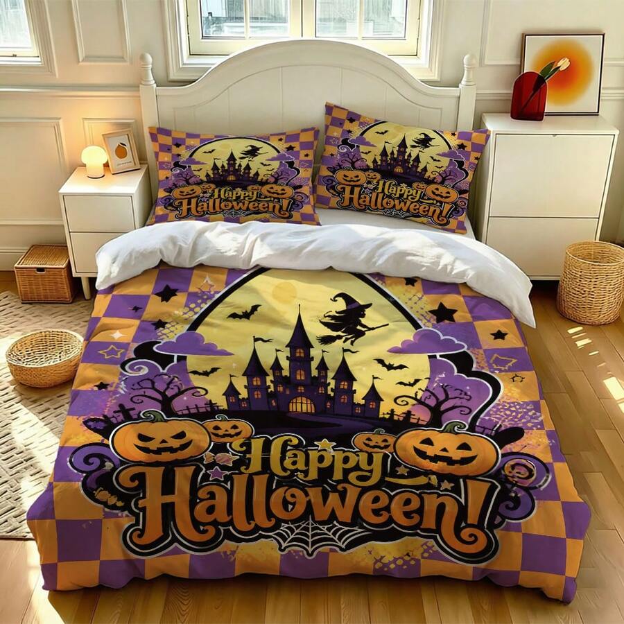 3-Piece Halloween Bedding Set (1 Duvet Cover + 2 Pillowcases), Featuring Halloween-Themed Design. Bedding Is Soft And Comfortable, Made With High-Definition Digital Printing Technology. Patterns Include Castles And Pumpkin Designs. No Fillers Included. Perfect For Bedroom, Dorm (Unisex) And Travel Use. - 4129+SJT+W - View 1