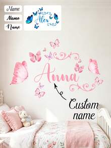Custom Butterfly Cartoon Wall Sticker, Personalized Text Wall Decal, Customized Name Self-Adhesive Wall Art, Customizable Birthday Gift, Party - Style a - View 1