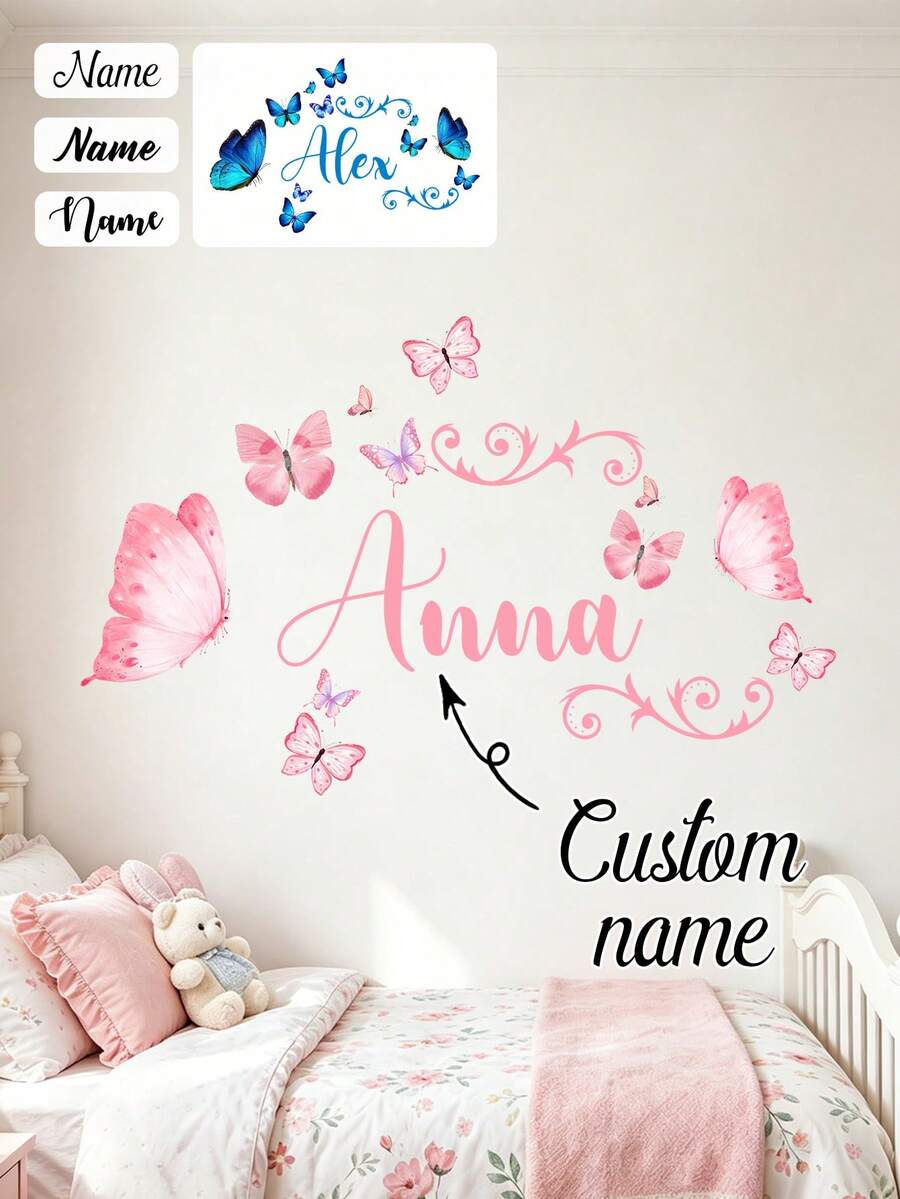 Custom Butterfly Cartoon Wall Sticker, Personalized Text Wall Decal, Customized Name Self-Adhesive Wall Art, Customizable Birthday Gift, Party - Style a - View 1