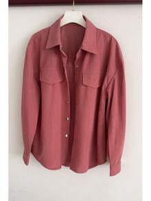 Blusa de mujer de unicolor con detalle de solapa y hombros caídos, blusas de manga larga casuales de primavera en color rosa - Rosa - Ver 4
