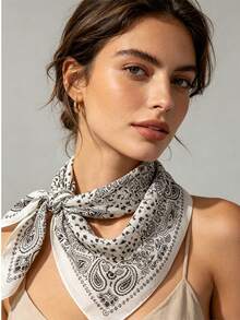 1pc 68*68cm Black & White Paisley Print Cotton Linen Scarf, Thin Multi-Use Scarf For Neck/Shawl/Waist, All Seasons Daily Party - Multicolor - View 2