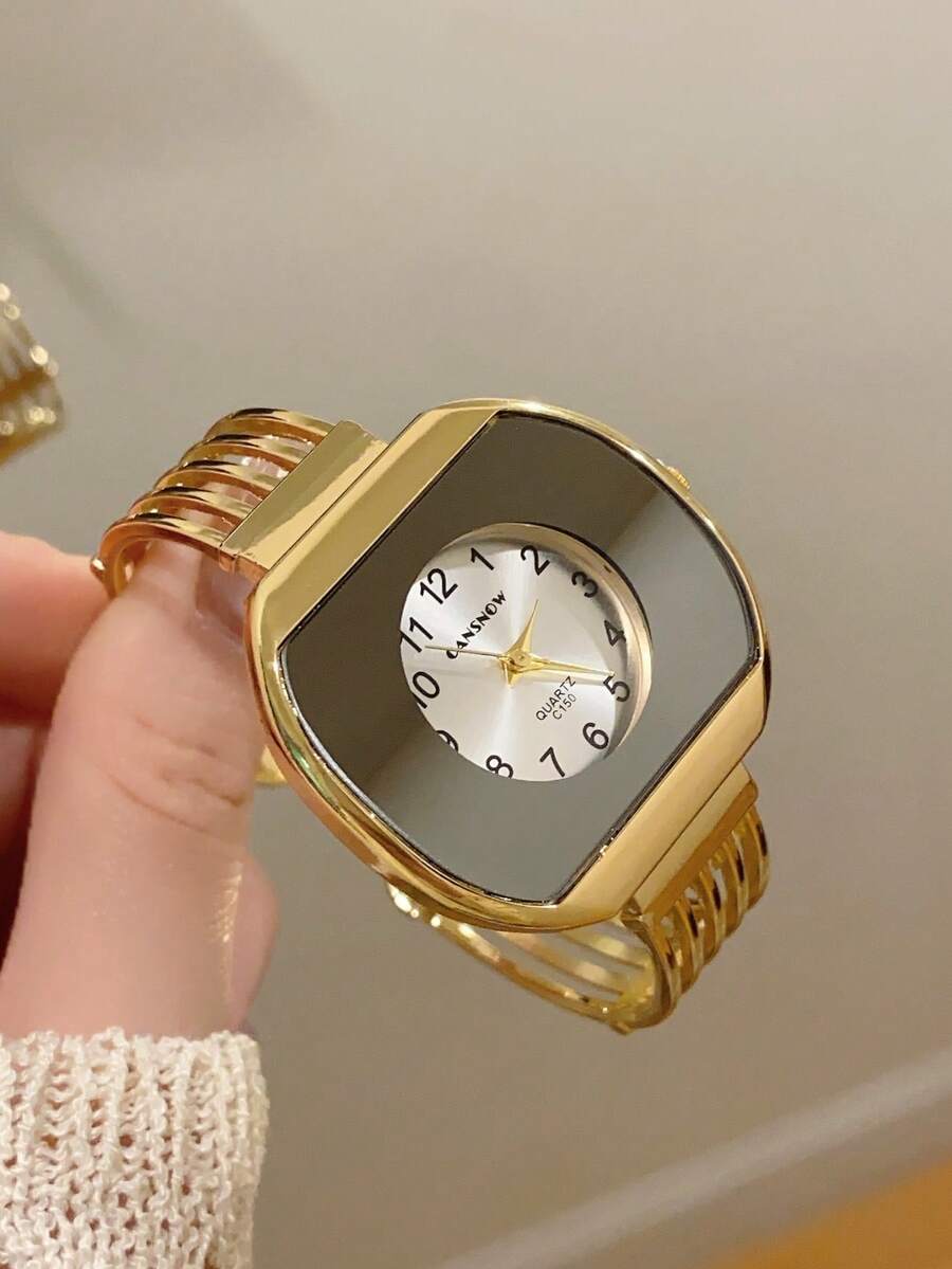 1 buah Gelang Emas Persegi dengan Jam Tangan Quartz untuk Wanita, Minimalis, Modis, Elegan, Cocok untuk Pemakaian Sehari-hari, Pilihan Terbaik untuk Hadiah Liburan - Emas - View 1