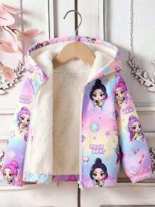 Young Girl Cartoon Print Warm Hooded Jacket - Purple - View 9