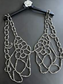 DEKUNER Corrente de corpo Y2K feita à mão com contas pretas em forma de borboleta, top harness de malha de rede oca em camadas, acessório de peito gótico ajustável - Preto - Ver 7
