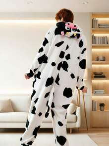 Unisex Cow Animal One-Piece Pajamas Hooded Cartoon Jumpsuit Fall Winter Christmas Animal Cosplay One Piece Pajamas - Black and White - View 2