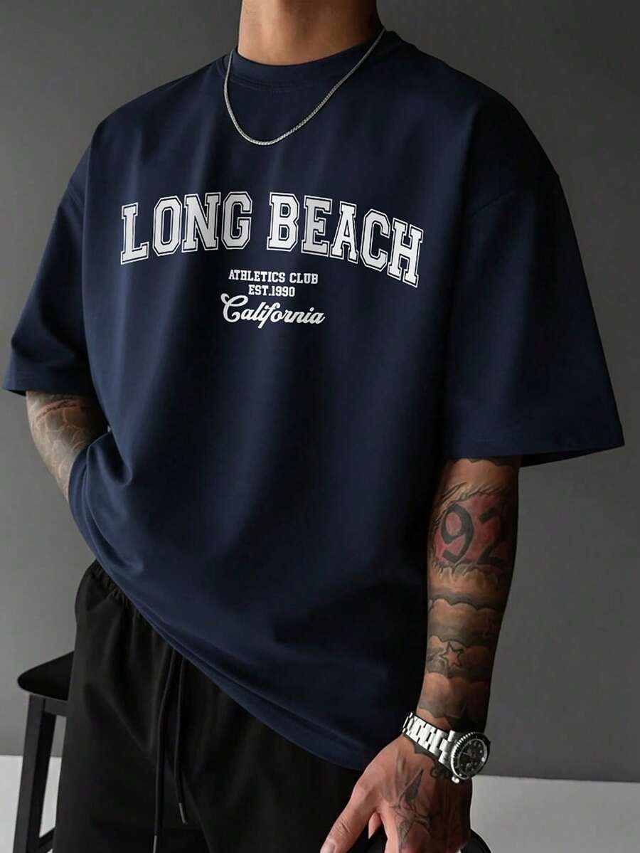Men's Wrinkle-Resistant And Breathable T-Shirt With Custom Print | Crew Neck, Short Sleeves | Summer - Navy Blue - View 1