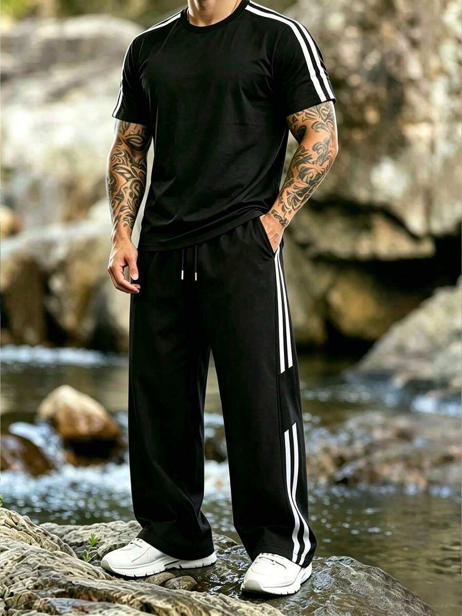 American Style Striped Loose Crew Neck Top And Straight Leg Cargo Pants Set For Men, Spring/Summer Outdoor Training Jogging Versatile - Black - View 1
