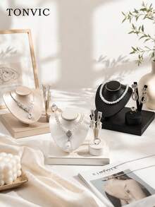 TONVIC 1PC Rak Display Perhiasan PU, Penyimpanan Terbagi untuk Perhiasan Kalung dan Anting, Untuk Penyimpanan Perhiasan, Kalung, Anting, Cincin, Organizer Perhiasan, Baki Penyimpanan, Rak Display Cincin dan Anting, Display Meja Perhiasan, Rak Display Toko - Tempat perhiasan yang disikat - View 10