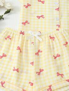2pcs Women's Comfortable Plaid Bow Print Short Sleeve Collared Top And Bow Shorts Pajama Set, Spring/Summer - Yellow - View 6