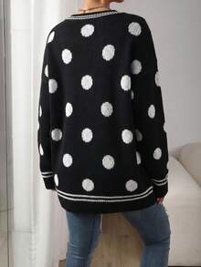 Women's Black And White Polka Dot Button Knit Cardigan, Long Sleeve Open Front Mid-Length, Suitable For Autumn/Winter Wear - Black and White - View 2