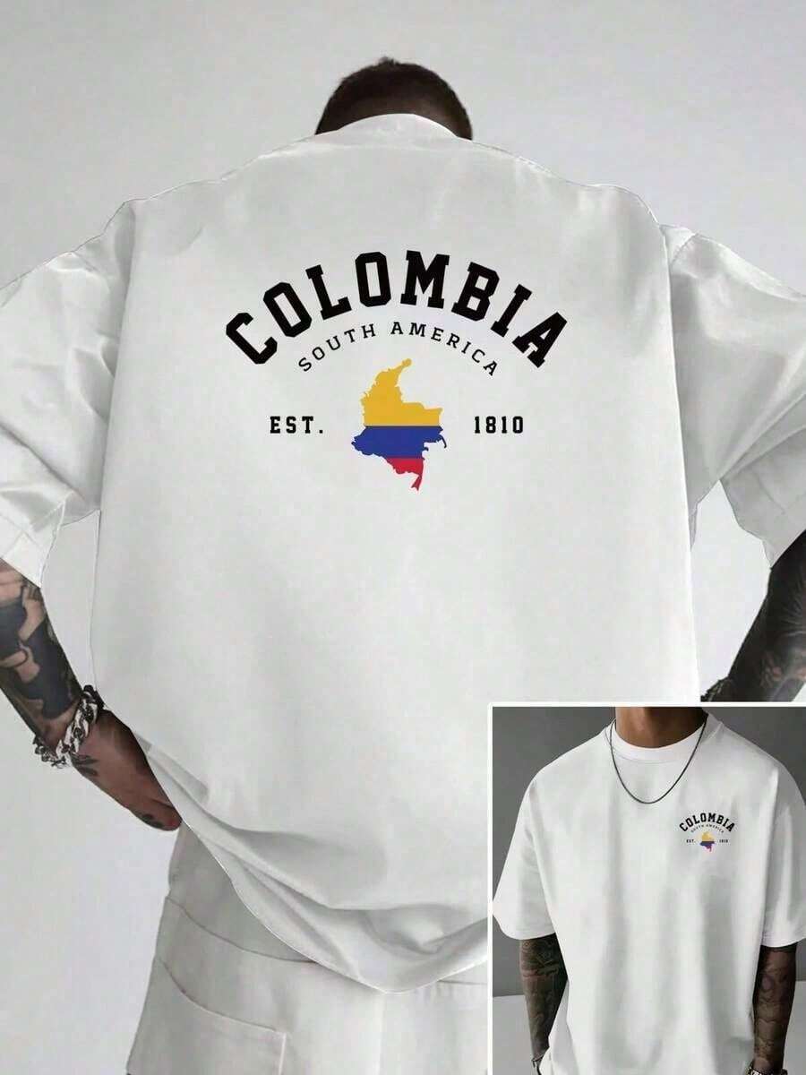 -Colombia Drop Shoulder T-Shirt - Loose Fit Men's T-Shirt With South American Double-Sided Design - New And Men's Clothing - A Men's Essential - White - View 1