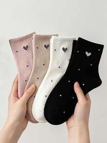5Pairs Women Sweet Heart Dot Ribbed Crew Socks, Soft Breathable Daily Casual Ankle Socks, Multi Color Fashion Matching Socks - Multicolor - View 3