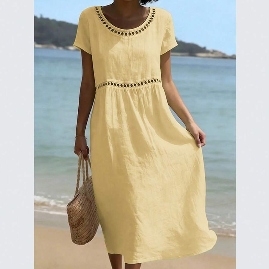 Vestido algodón lino liso cuello redondo manga corta ribete encaje, verano 2026 europeo mujer - Amarillo - Ver 1