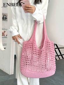 ENBEI 夏季鏤空針織托特包 - 女款時尚沙灘包、女用錢包簡約百搭、夏季沙灘手提包、女款夏季休閒度假包、假期必備、旅行必備，適合派對、晚餐、婚禮、約會，海邊度假與戶外派對的理想選擇 - 彩色 - 查看 3