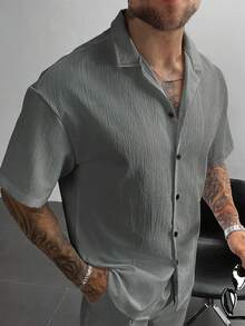 GloMan Old Money Men's Cuban Collar Linen Short Sleeve Shirt,Loose Fit Casual Comfortable Beach Shirt,For Men Vacation,Summer/Autumn,Father/Husband - Grey - View 6