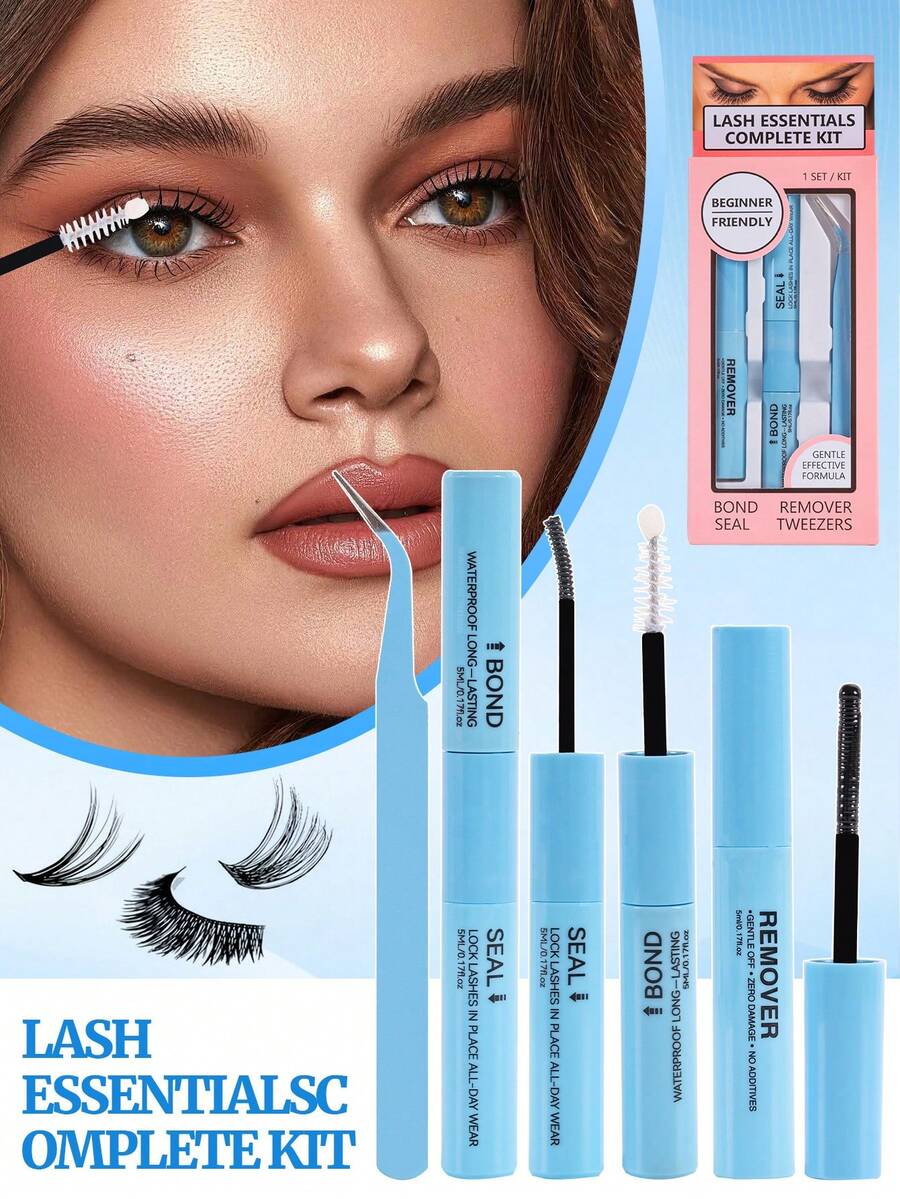 MEM Set de pestañas sin fragancia de baja irritación, pegamento y sellador de secado rápido con fijación de color fuerte de 10ml, incluye pinzas, adhesivo para extensiones de pestañas DIY y kit completo de herramientas de estilismo, suministros para técnica de pestañas, pegamento para pestañas, adhesivo y sellador, suministros para técnica de pestañas, extensión de pestañas