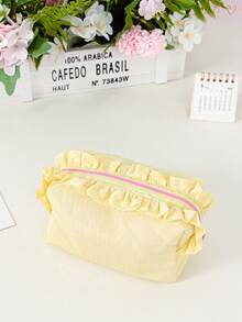 Cute Ruffle Trim Cosmetic Bag Plain Makeup Bag Portable Toiletry Bag Travel Makeup Clutch Pouch Grid Pattern Make Up Bag Zipper Handbag Brushes Holder - Multicolor - View 16