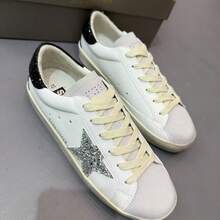 Women Men Super Star Dirty Sneakers Real Leather Black Silver Tail Vintage Distressed Flats Inner Elevator Casual Sports Shoes - 灰頭黑尾 - 查看 6