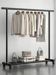 Black & White Rolling Clothing Rack, Double Rod Garment Rack With Wheels, Freestanding Metal Clothes Rail With Bottom Shelf, Heavy Duty Clothing Rack, Portable Clothes Rack, Mobile Garment Rack For Hanging Clothes, Bedroom Wardrobe Organizer - View 5