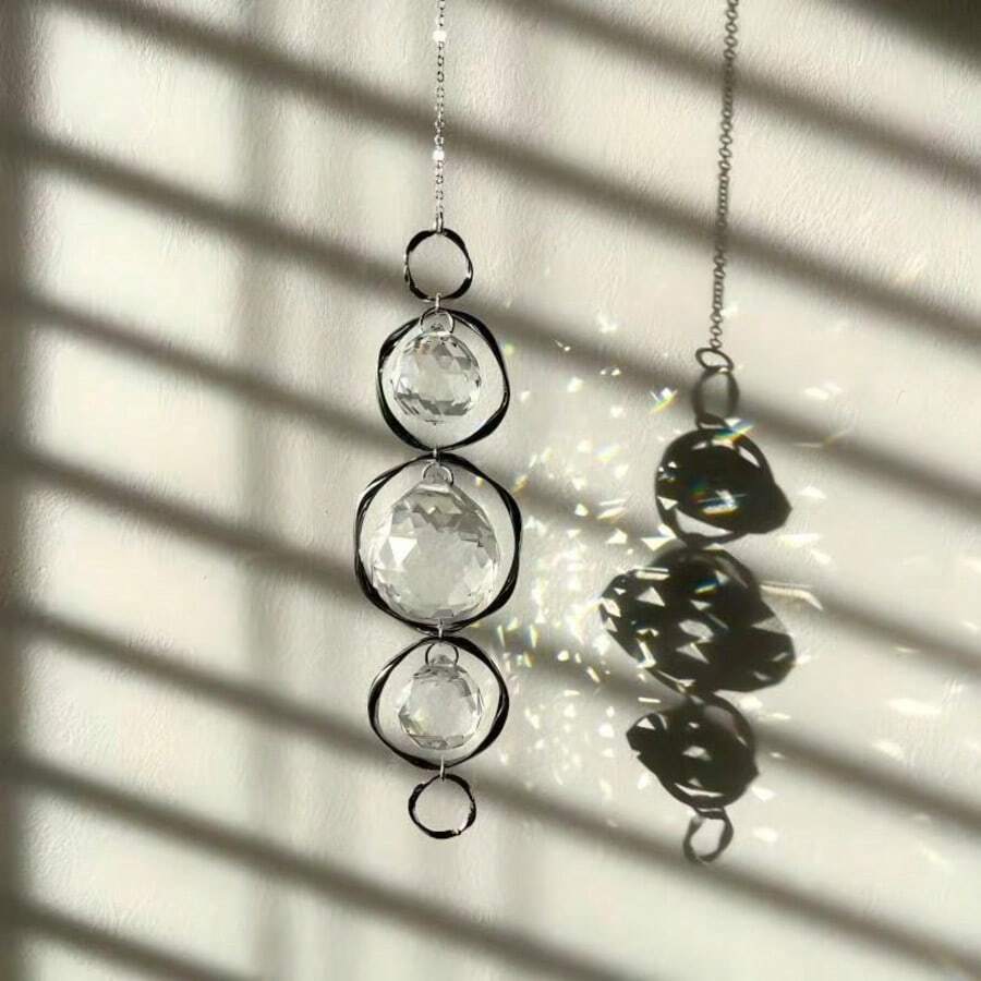 Minimalist Silver Asymmetric Metal Ring Clear Faceted Crystal Ball Suncatcher Rainbow Prism Window Hanging Ornament Modern Aesthetic Room Decor - Irregular Silver 30 Balls - View 1