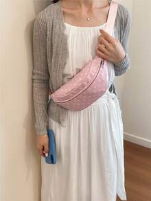 1件波點拉鍊女款腰包 斜跨胸包 時尚PU餃子包 - 粉色 - 查看 2