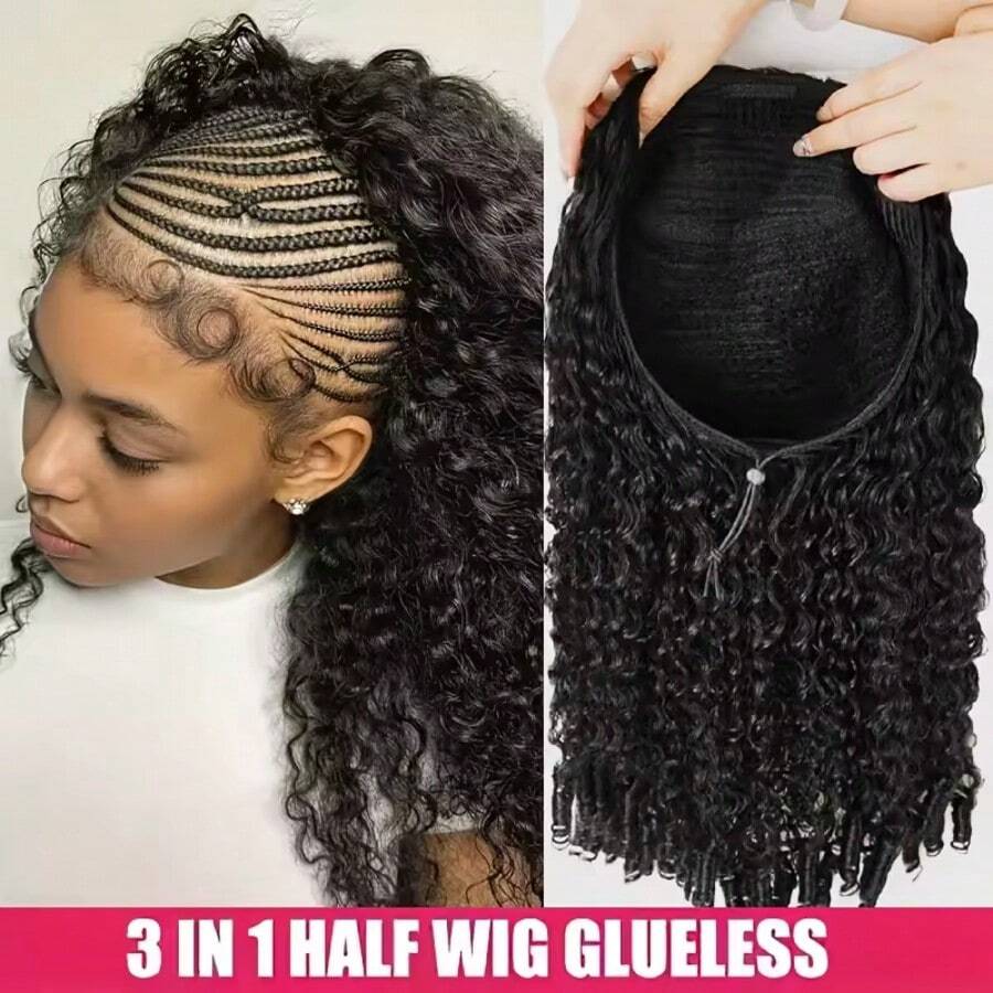 bling hair Burmese Curly 3 IN 1 Half Wigs Human Hair Wig Glueless Wig Ready To Wear Half Wig Drawstring Clip Burmese Curly Half Wig 24 Inch 250 Density