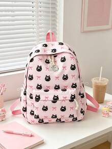 1pc Cute Cartoon Cat/Bow Pattern Nylon Backpack, Lightweight Large Capacity School Day Bag, Adjustable Shoulder Strap Bookbag, Suitable For Girls/Teenagers/Students/Graduates, Perfect For Daily Use, Outings, Travel, School And Back To School Season. - Pink - View 11