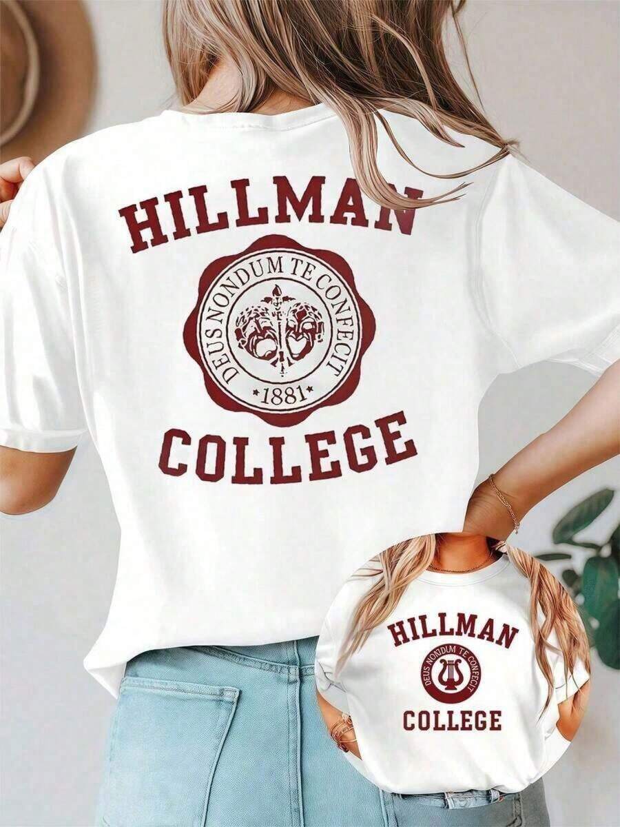Camiseta de manga corta con cuello redondo y estampado de doble cara estilo vintage de 1881 de la Universidad Hillman para mujer, estilo retro universitario informal. - Blanco - Ver 1