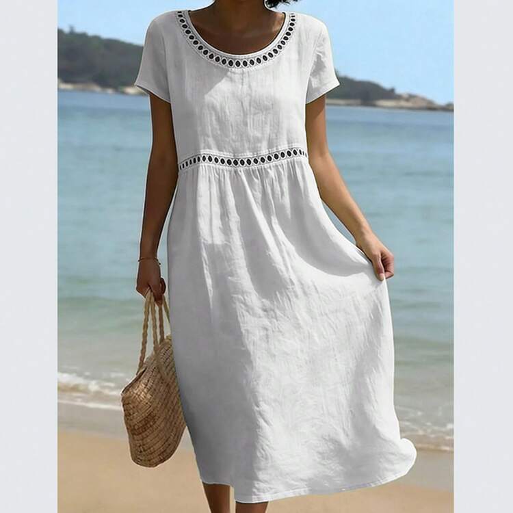 Plain Cotton Linen Dress, Round Neck, Short Sleeves, Lace Trim, European Summer 2026 Women's - 黑色 - 查看 3