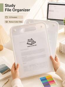 1pc Minimalist Portable 12-Pocket Expanding File Organizer, Solid Color Design With Colorful Index Tabs & Cutout Handle, PP A4 Document Storage Folder For Office, School, Study & Home Use,Back To School - Multicolor - View 2