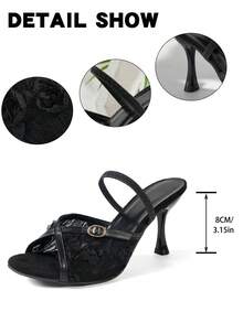 NANBEI ZUO Fashionable Lace Mesh Upper Elastic Band Design Black Stiletto High Heel Sandals, Summer New Korean Style Front Buckle Decor Daily Versatile Commute High Heel Sandals, Suitable For Dating - Black - View 2
