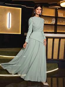 Elegant And Charming Women's Long Sleeve Formal Dress, Featuring Pleated Bust Detail, Shoulder Applique, Asymmetric 2 In 1 Design, And Flared Extra-Wide Skirt, Soft Fabric Suitable For Parties, Banquets, And Galas - Mint Green - View 7