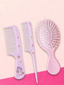 Juego de 3 piezas de cepillos de unicornio, cepillo de cojín con diseño de dibujos animados y peine de dientes finos, mango ergonómico de ABS, cerdas de plástico duradero, regalo ideal para niñas - A - Ver 1