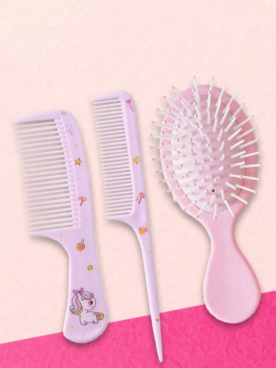 Juego de 3 piezas de cepillos de unicornio, cepillo de cojín con diseño de dibujos animados y peine de dientes finos, mango ergonómico de ABS, cerdas de plástico duradero, regalo ideal para niñas - A - Ver 1