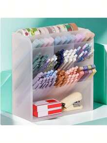 1pc Slanted Multi-Compartment Pen Holder Stationery Storage Box Large Capacity Cosmetic Desktop Organizer Pencil Case - Multicolor - View 2