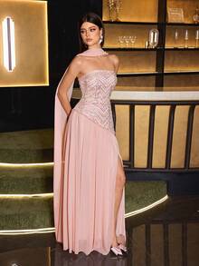 Elegant Strapless Sequin Patchwork Dress With Flared Hem And Pearl Decor, 2 In 1 With Flowing Sash Pink Wedding Party Fall - Pink - View 6