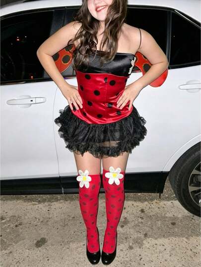 Women Halloween Ladybug/Bee Costumes Striped/Polka Dots Cami Tutu Telle Dress + Wings + Headband +Fairy Wand 4pcs Set Cosplay Party Outfits