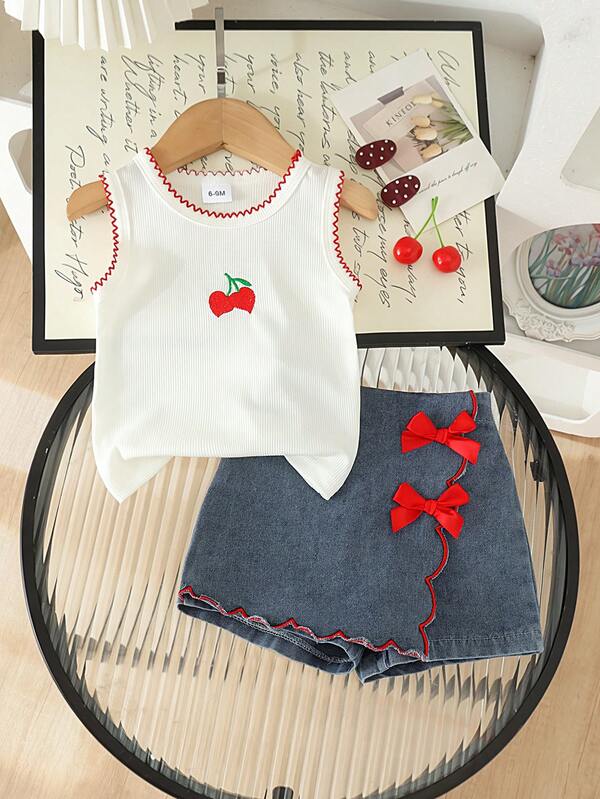 2件組女嬰白色刺繡圓領背心上衣與牛仔短裙套裝，輕便休閒夏季款